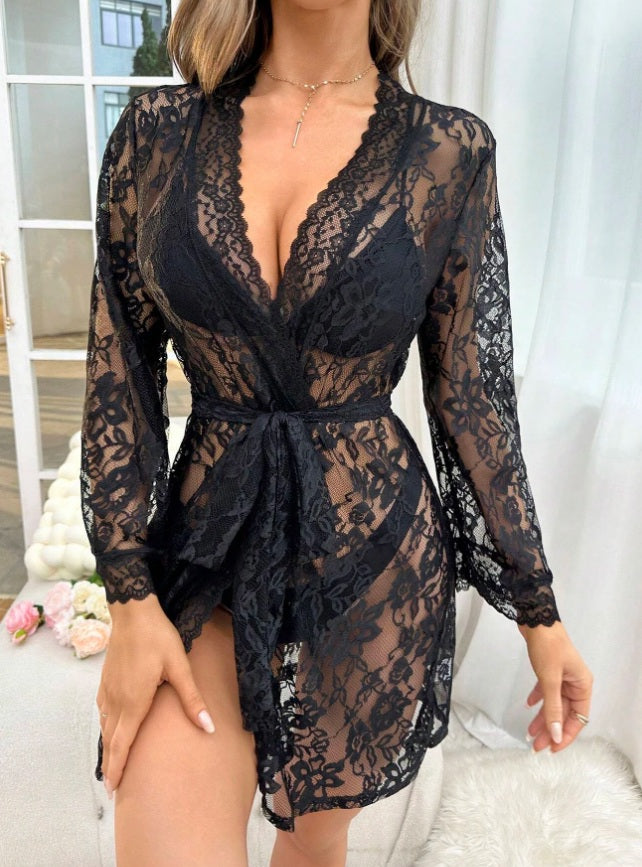 Sheer Lace Belted Robe