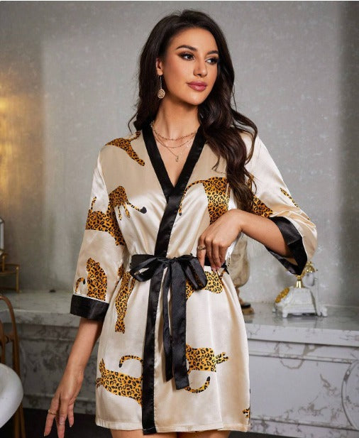 Tiger Print Satin Robe with Mid Sleeves