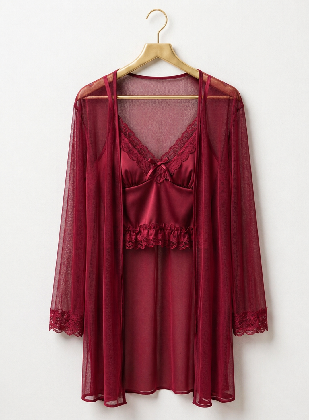 Satin Lingerie with Side Slit & Sheer Robe
