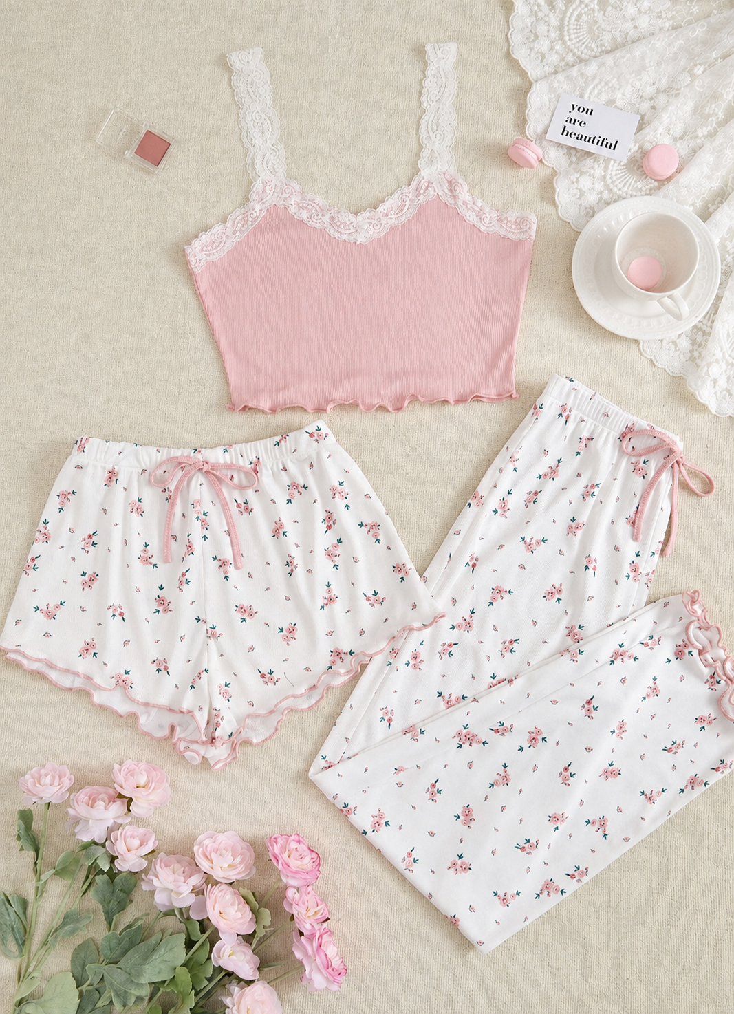 3-Piece Flowers Pajama (Top, Shorts & Pants)