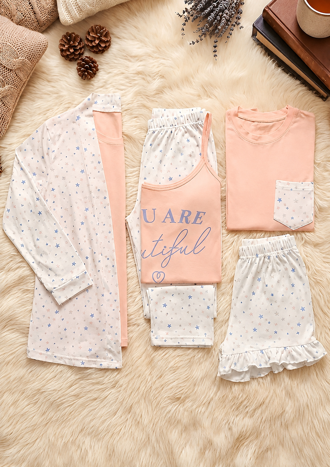 5-Piece Pajama (2Tops, Shorts & Pants & Robe)