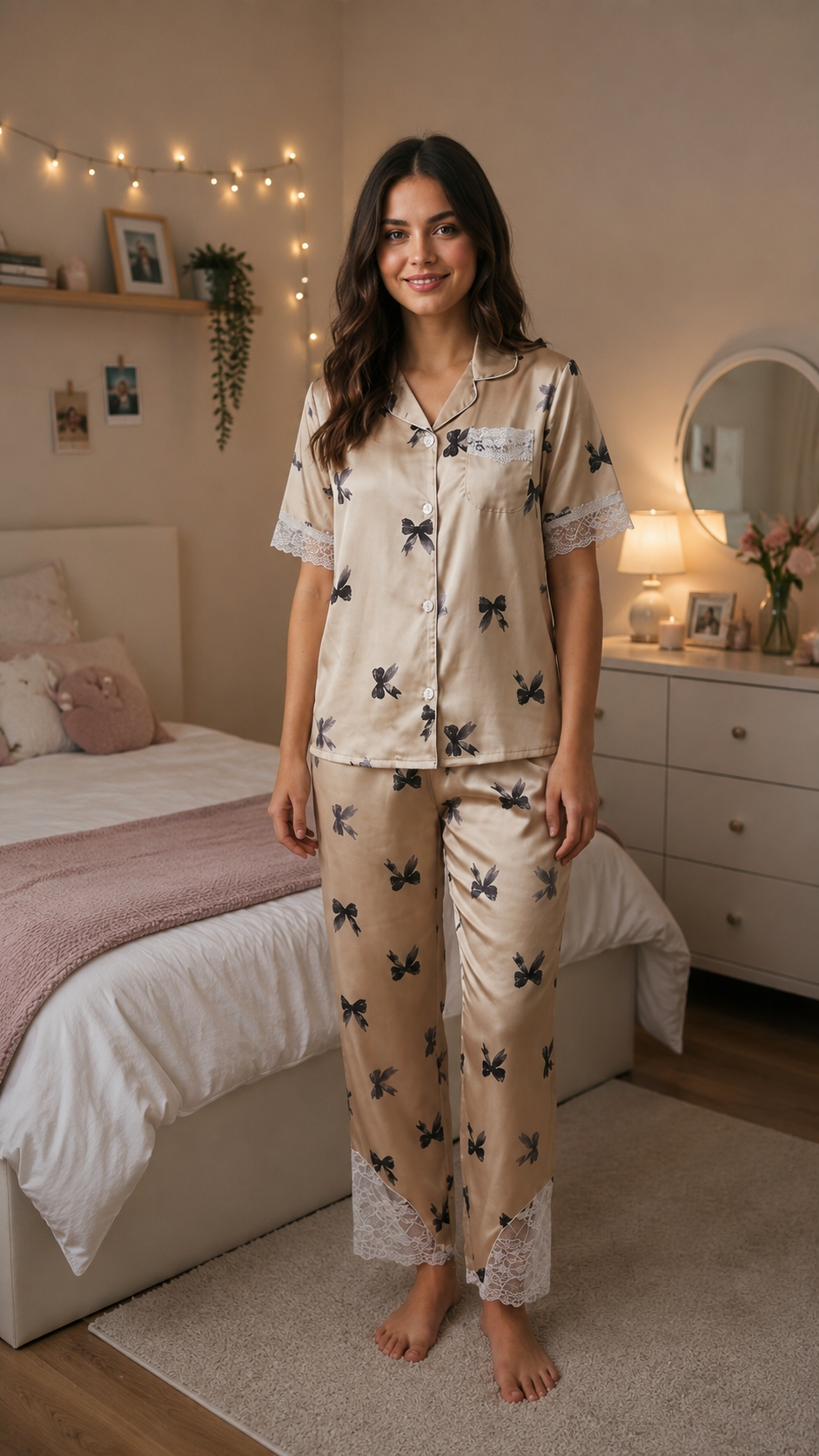 Lace Spliced Satin Pajama