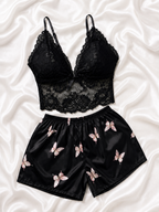 Butterfly Print Satin Shorts & Lace Top Pajama