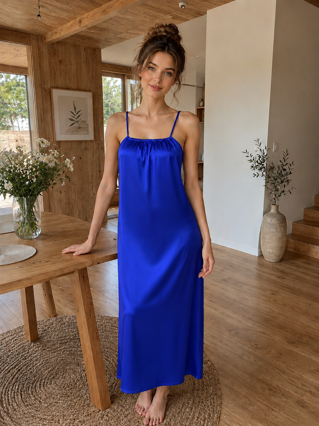 Long Satin Summer Dress with Open Back