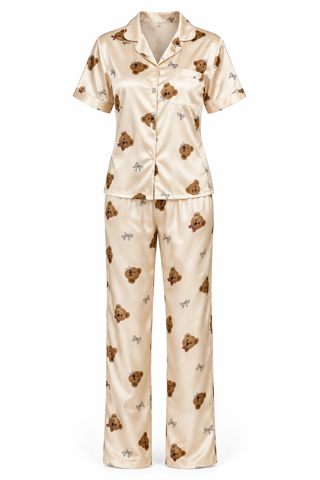 Teddy Bear Print Satin Pajama Set