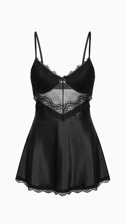 code 7084 قميص نوم ستان قصير اسود