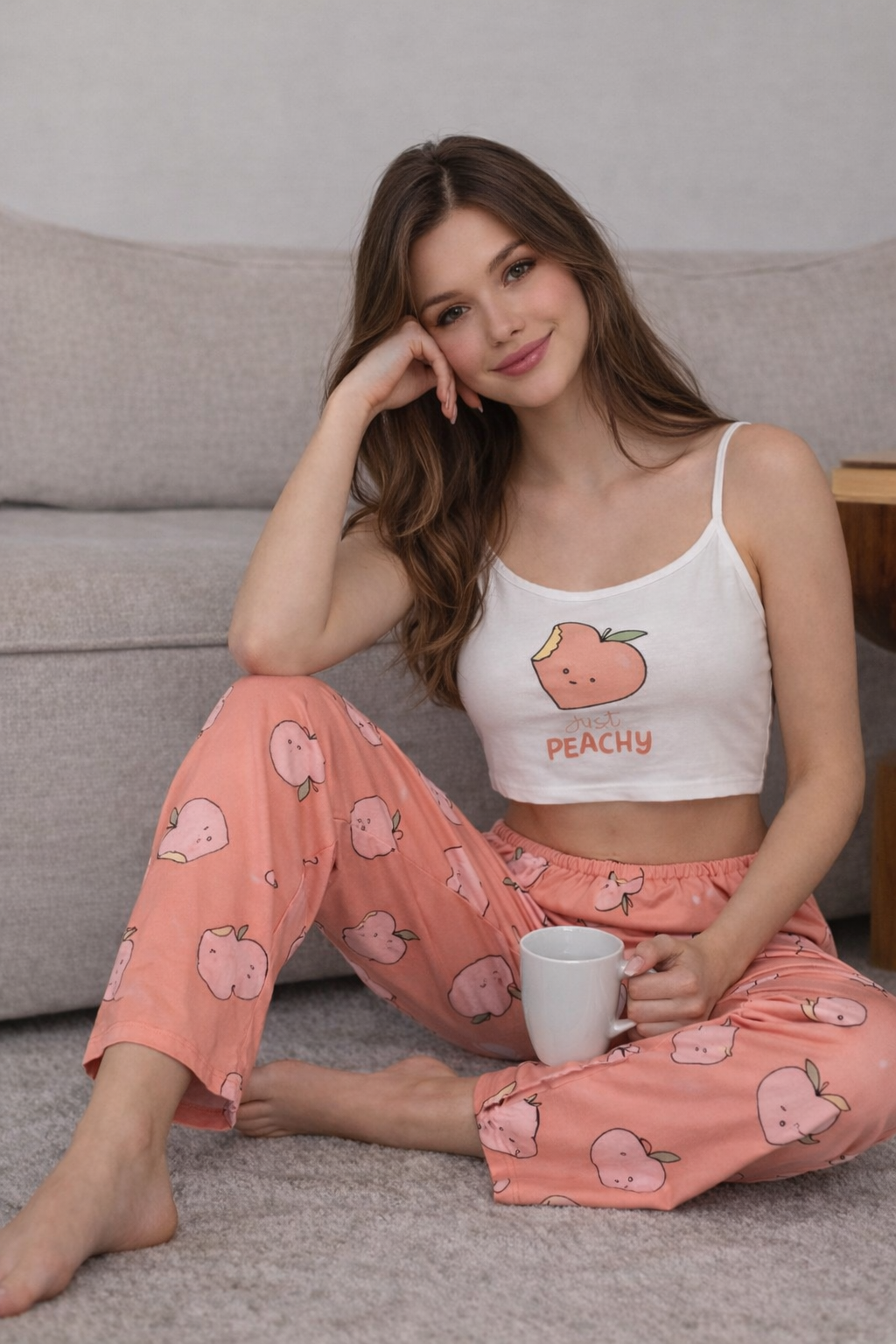 بيجامه بحماله رفيعه بطبعه الخوخ