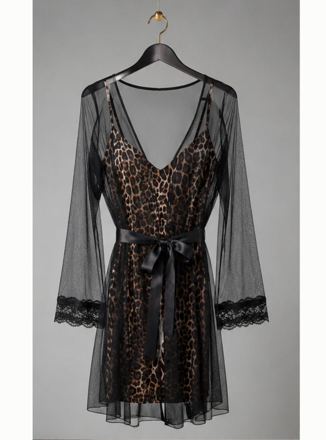 Tiger Print Satin Lingerie with Sheer Robe