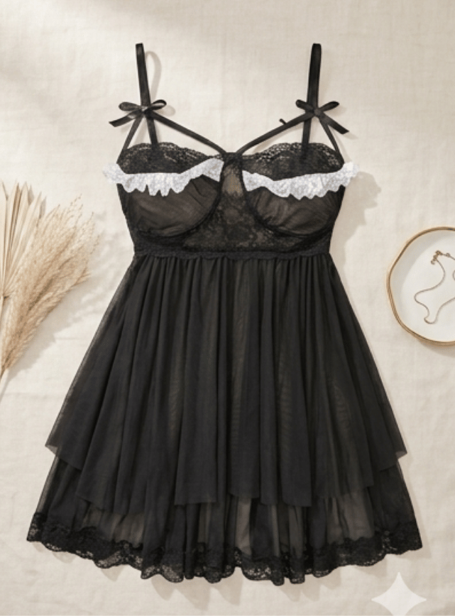 لانجيري اسود شفاف مزود بقصه من الصدر