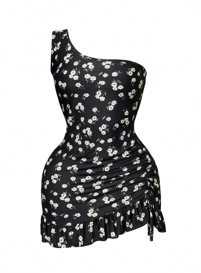 فستان بكتف واحد مزود بكشكشه من علي الجانب