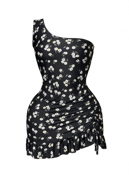 فستان بكتف واحد مزود بكشكشه من علي الجانب