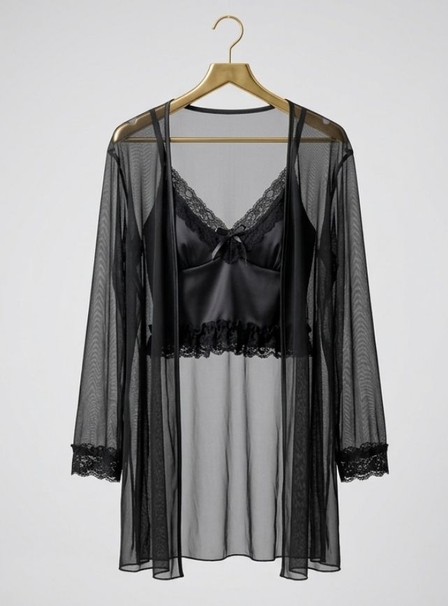 Satin Lingerie with Side Slit & Sheer Robe