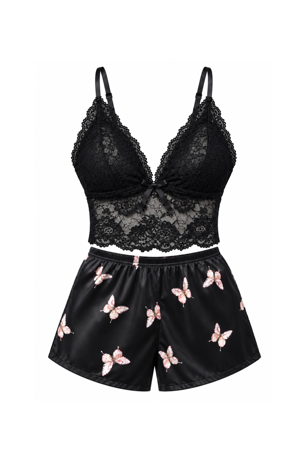 Butterfly Print Satin Shorts & Lace Top Pajama