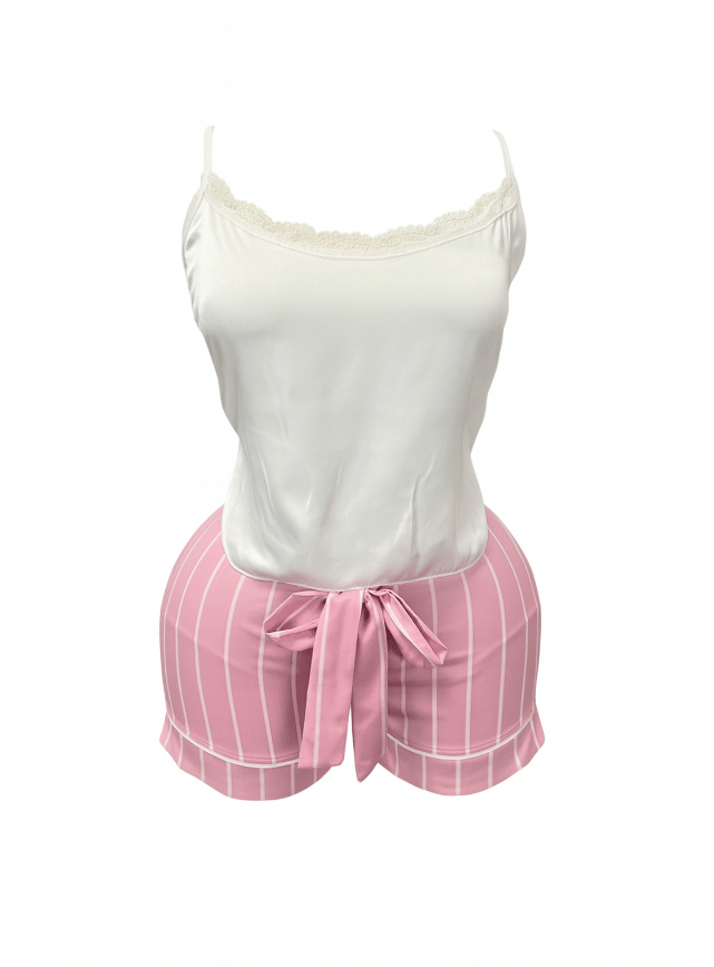 بيجامه ستان شورت مزوده بدانتيل من الصدر