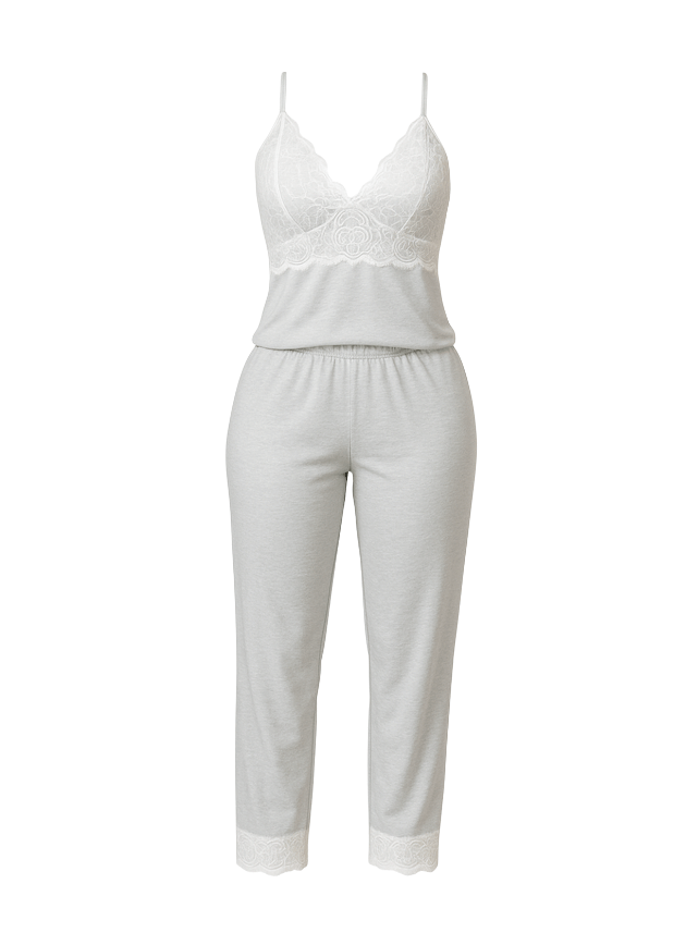 بيجامه بنطلون مطعمه بدانتيل ابيض