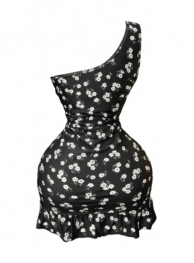 فستان بكتف واحد مزود بكشكشه من علي الجانب