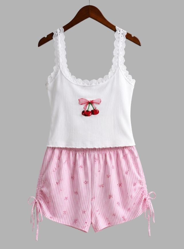 Bow Print Pajama Set with Tie-Front Top & Shorts