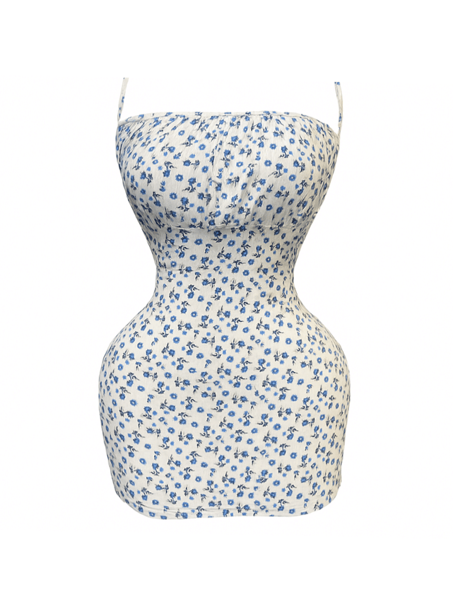 فستان قصير بحماله رفيعه بطبعه الورد