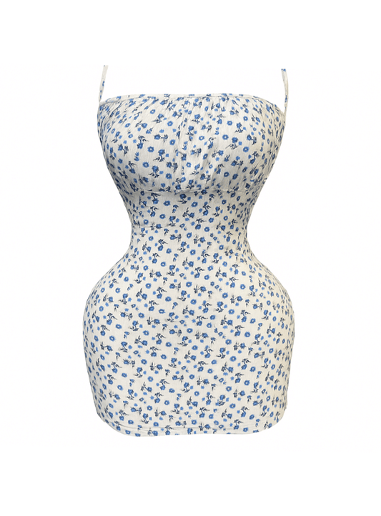 فستان قصير بحماله رفيعه بطبعه الورد