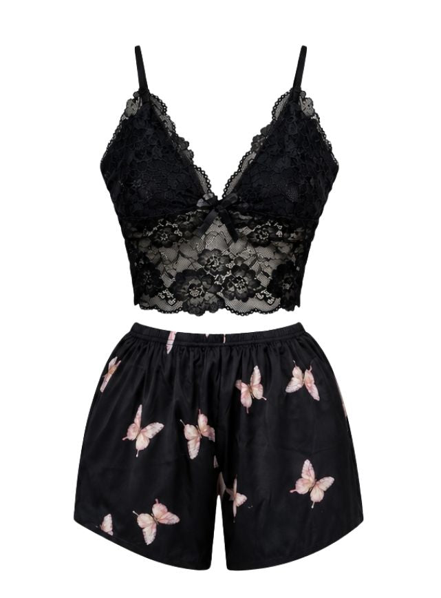 Butterfly Print Satin Shorts & Lace Top Pajama