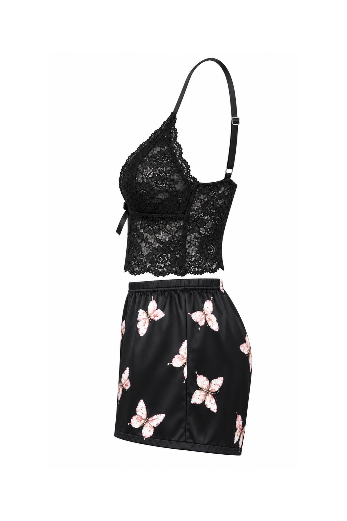 Butterfly Print Satin Shorts & Lace Top Pajama
