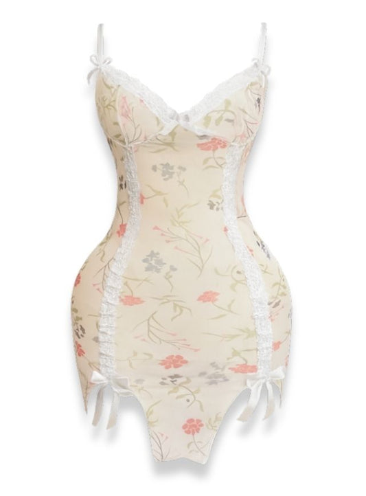 بيبي دول قصير شفاف بطابعة الورد