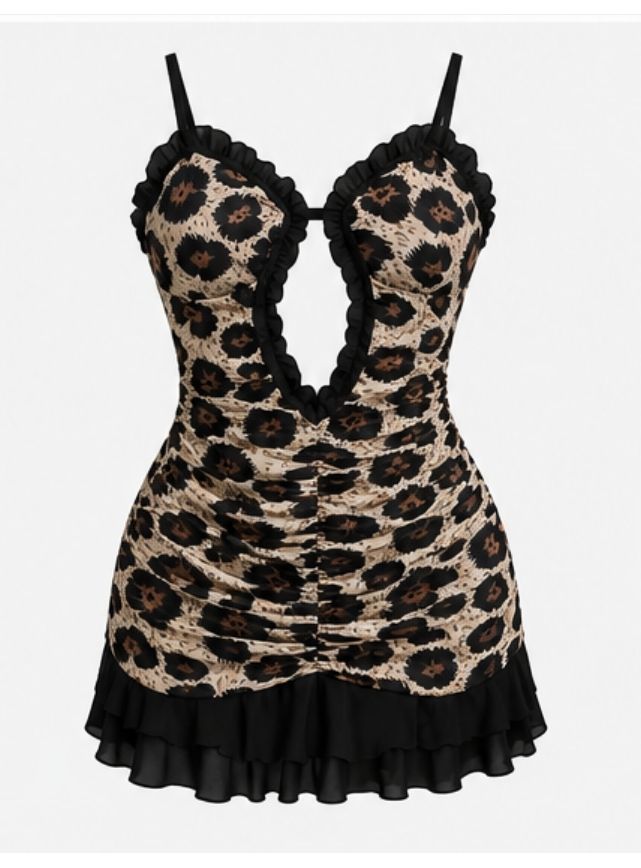 Tiger Print Dress with Open Neckline & Ruffles