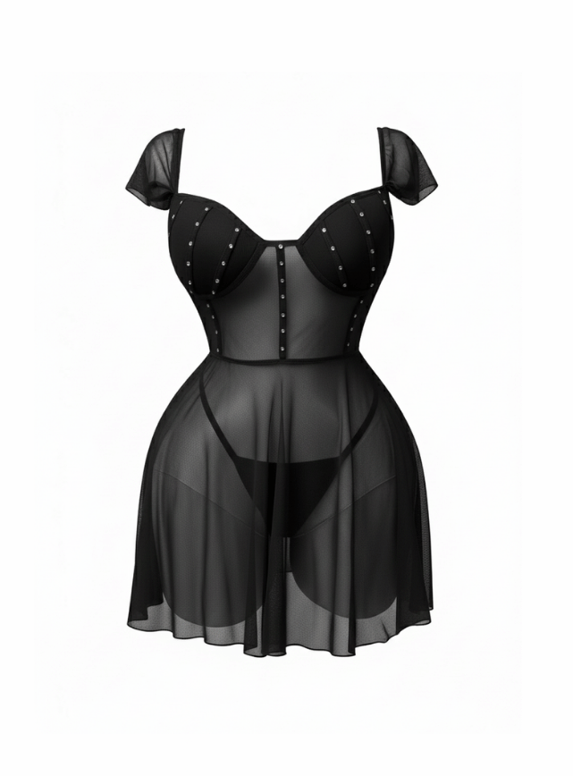 لانجيري قصير شفاف مزود ب كب