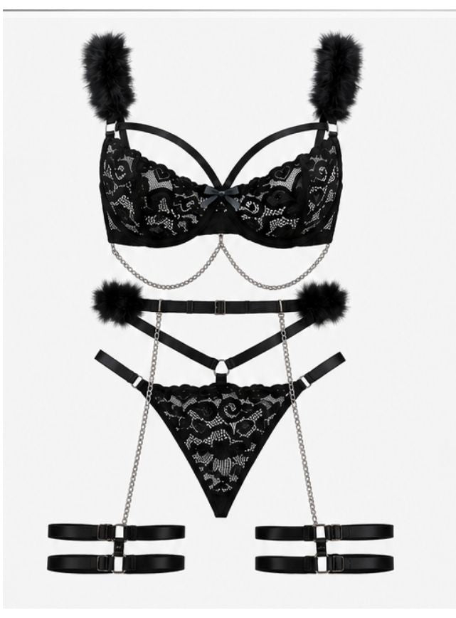 3piecs Sheer Baby Doll with Fur & Chains