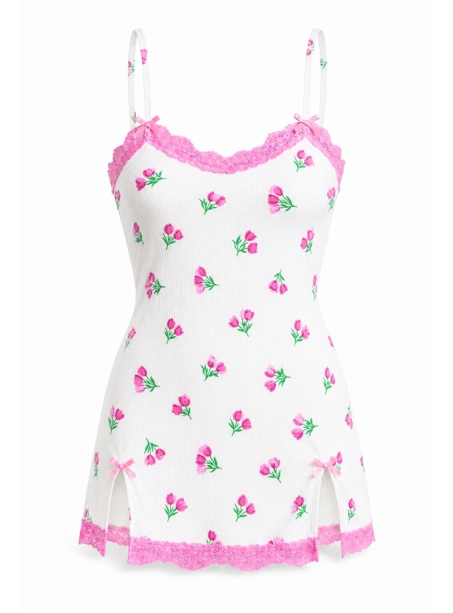 Short Floral Nightdress with Lace Trim