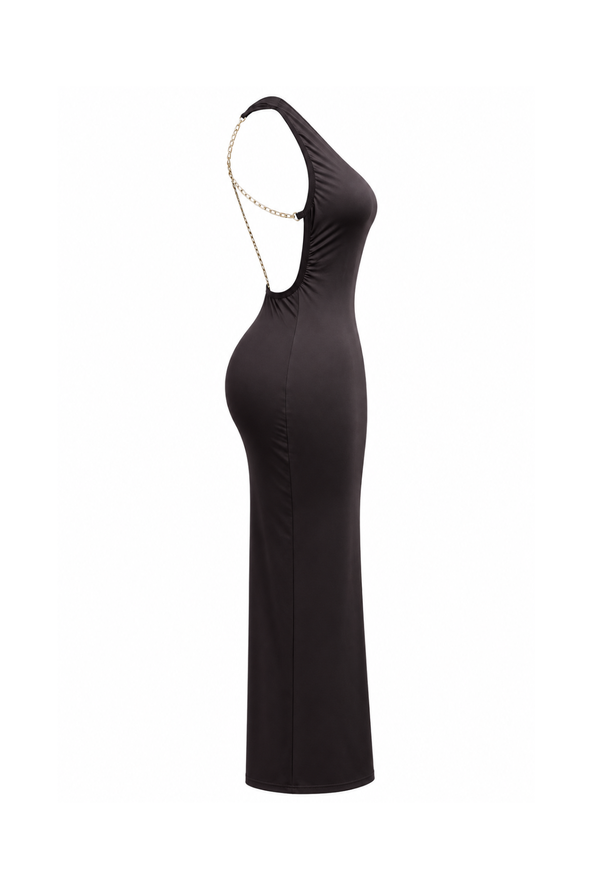 One-shoulder maxi dress with an open back and chain details